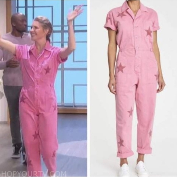 Pistola Grover short sleeve utility jumpsuit flamingo pink color star print Sz L - Picture 2 of 16